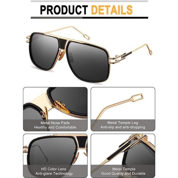 3 Pairs Gold Frame Retro Sunglasses Oversized Square Sunglasses Metal Frame - Picture 4 of 6